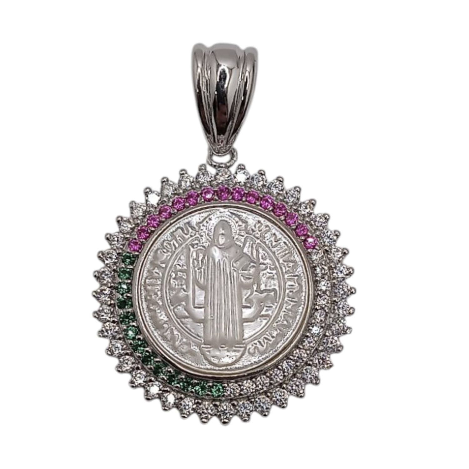 MEDALLA SAN BENITO TRICOLOR 3.5 CM LARGO TOTAL CON ASA PLATA .925