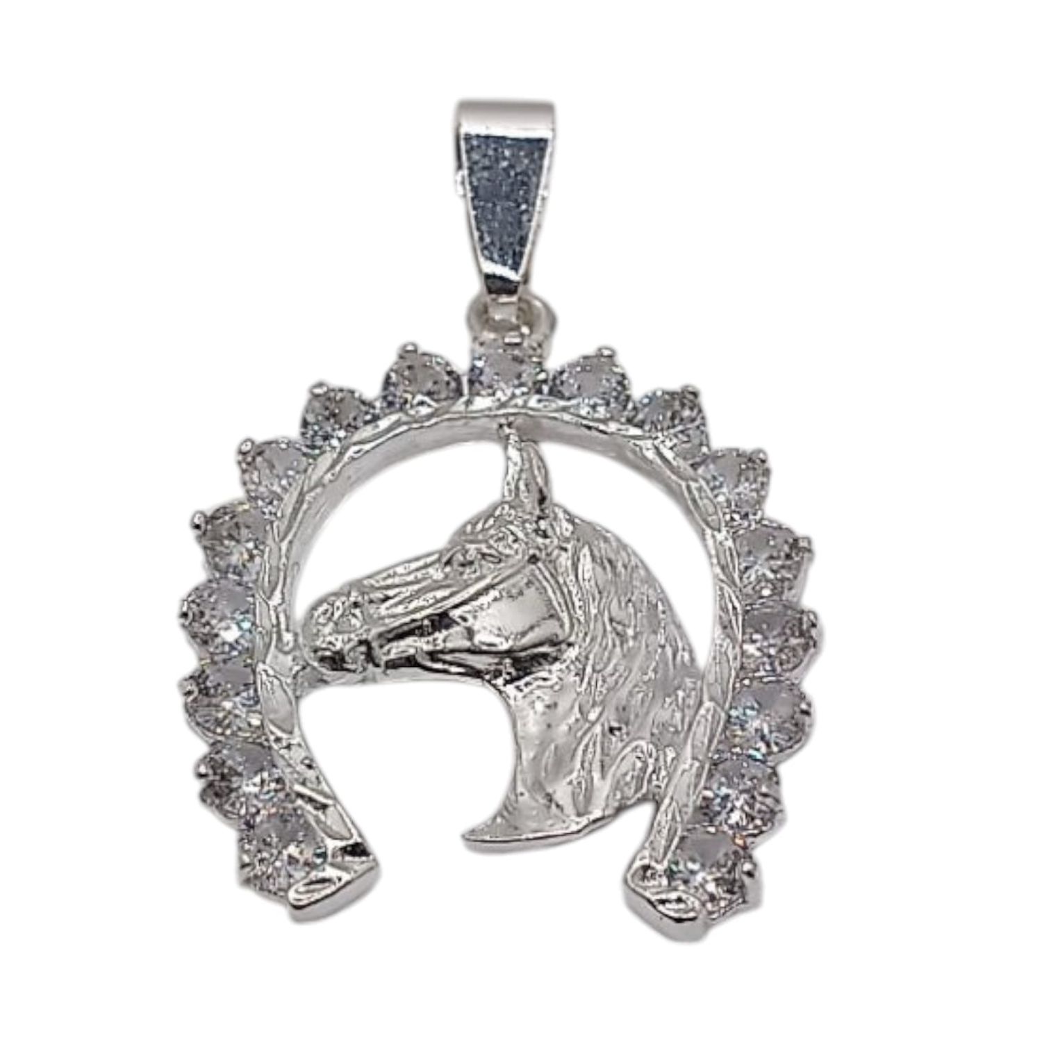 DIJE HERRADURA CON CABALLO Y CZ BCA, 3.5  CM  PLATA .925