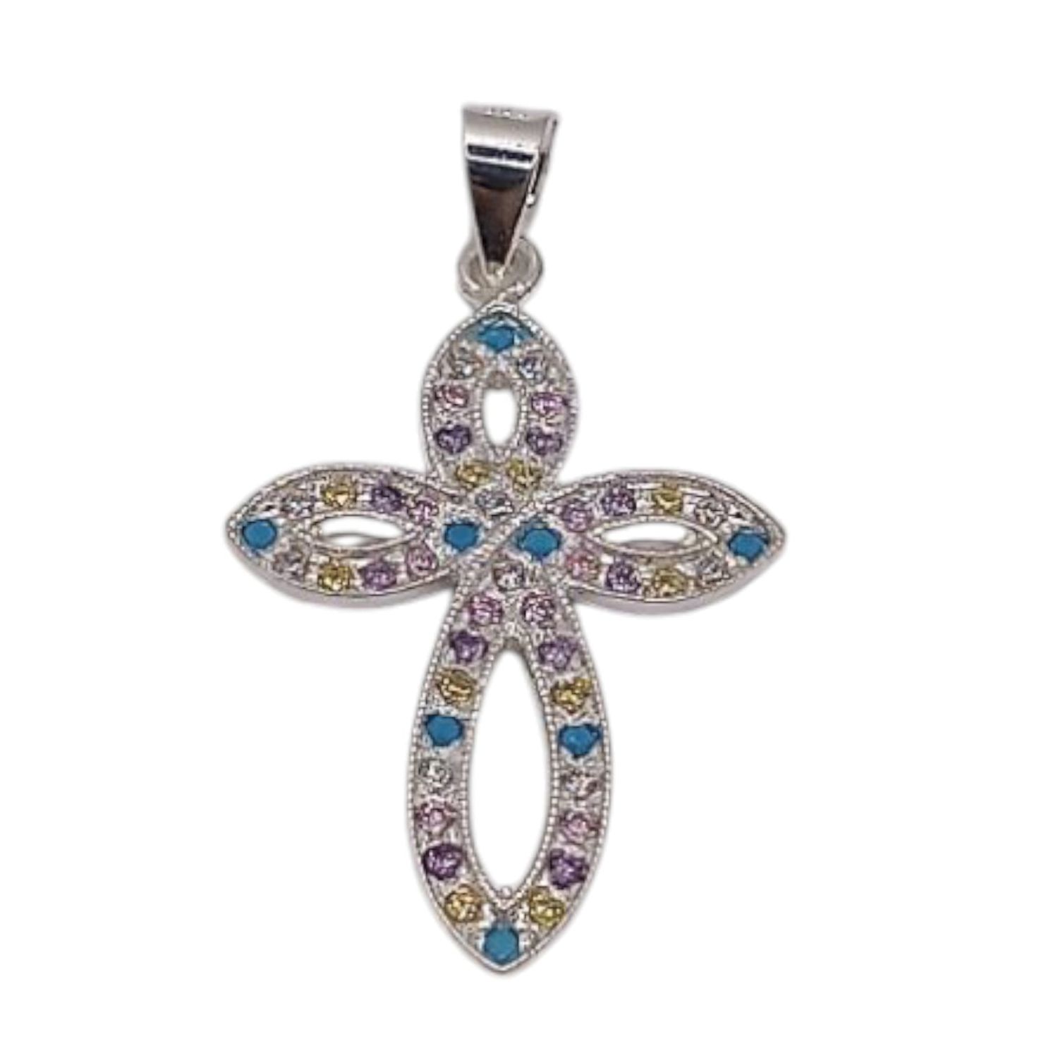 DIJE CRUZ CON CZ MULTICOLOR  3 CM PLATA .925