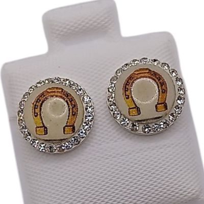 BROQUEL HERRADURA EN ACETATO CON CRISTALES, BROCHE MARIPOSA    PLATA .925