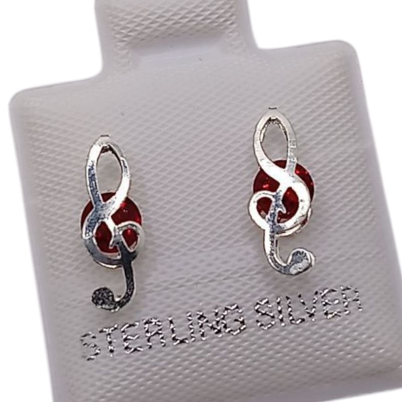 BROQUEL 3 D NOTA MUSICAL CZ ROJA 9 MM   PLATA .925