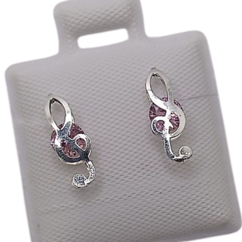 BROQUEL 3 D NOTA MUSICAL CZ ROSA 9 MM  PLATA .925