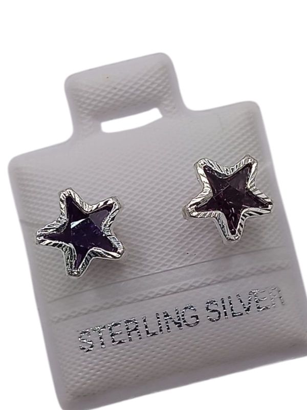 BROQUEL ESTRELLA BISEL DIAMANTADO, CZ LILA PLATA .925