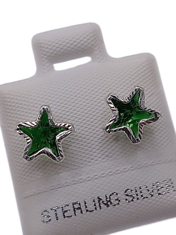BROQUEL ESTRELLA BISEL DIAMANTADO CZ VERDE, PLATA .925