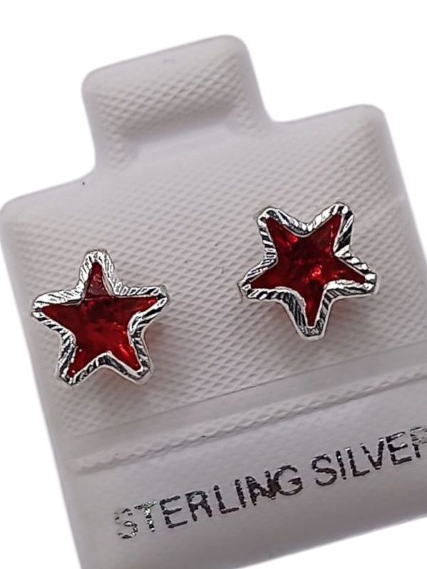 BROQUEL ESTRELLA BISEL DIAMANTADO CZ ROJA, PLATA .925