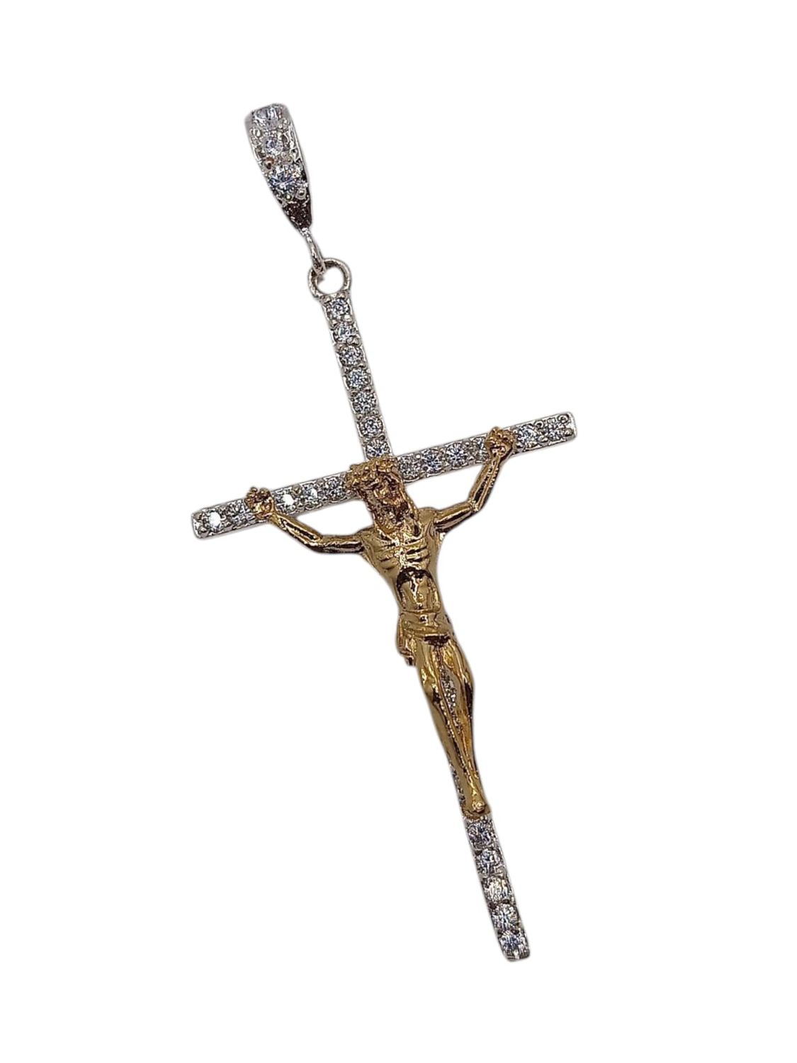 DIJE CRUZ CON CRISTO 2 COLORES 6.5  CM LARGO TOTAL PLATA .925