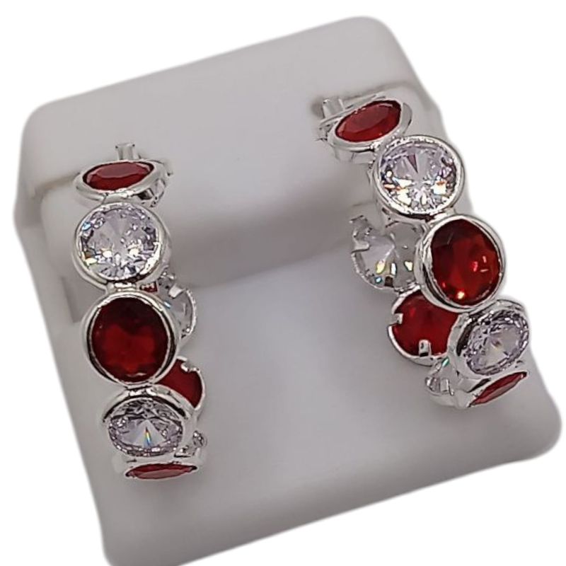 Arracadas Semaforo con CZ Blancas y Rojas 2.5 cm en Plata .925