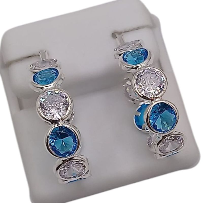 ARRACADA SEMAFORO 2.5 CM CZ BLANCA Y AZUL, PLATA .925