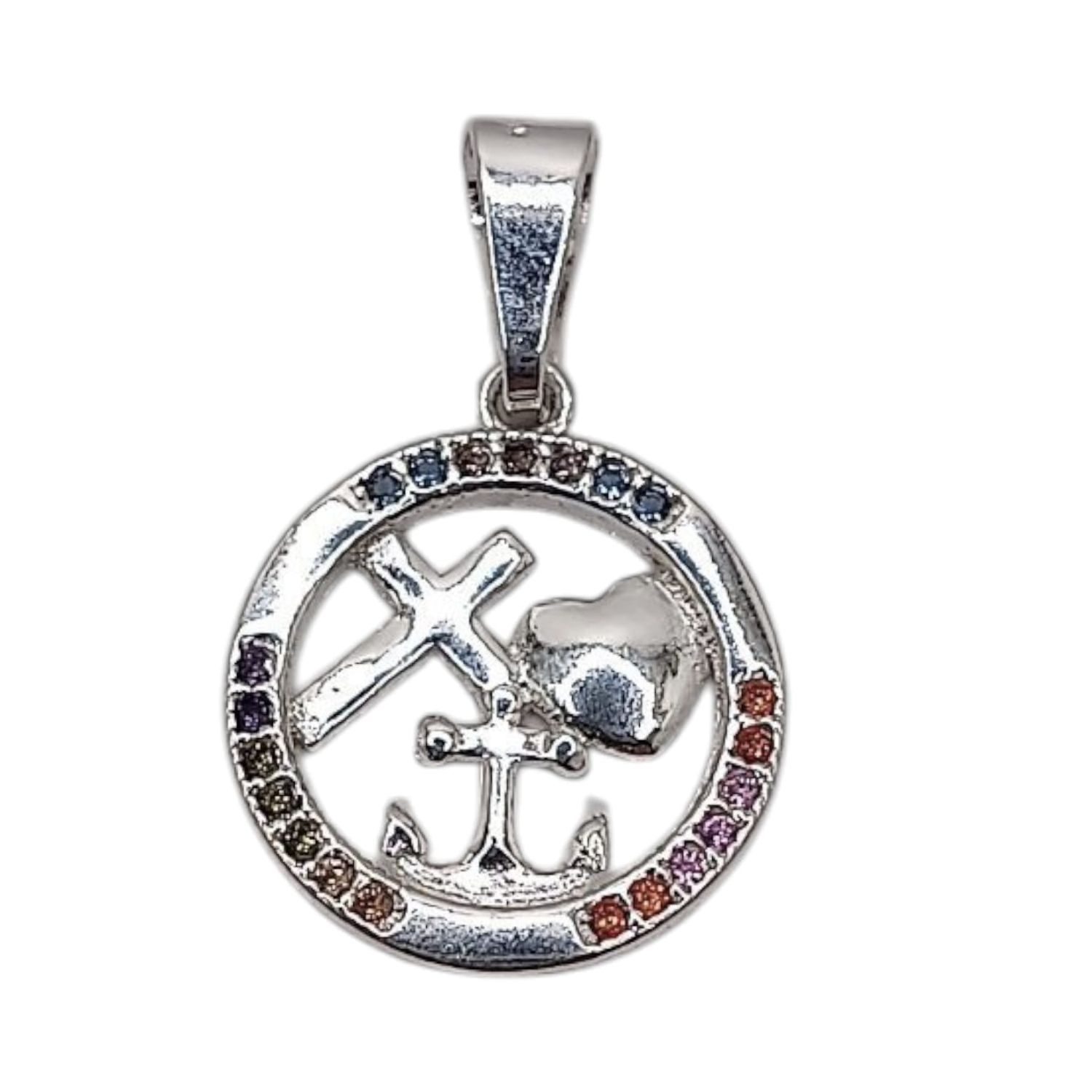 DIJE CORAZON, CRUZ Y ANCLA  MICROPAVE  1.5 CM PLATA .925