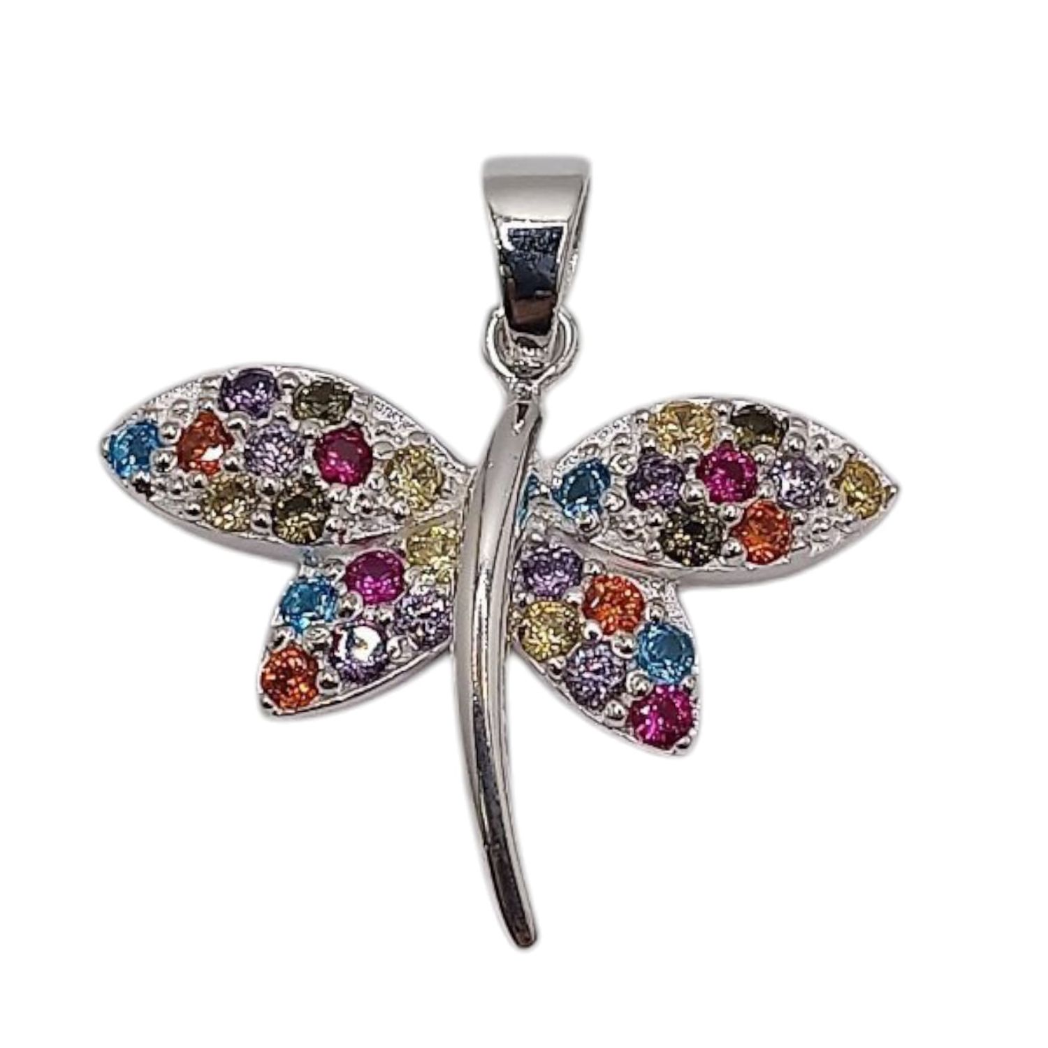 DIJE LIBELULA CON CZ MULTICOLOR 2.5 CM PLATA .925