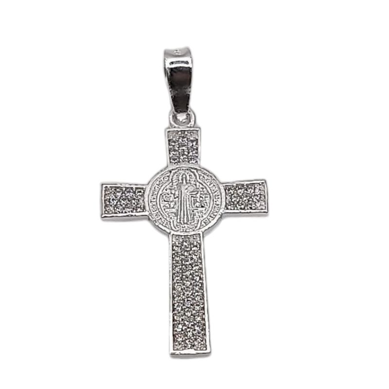 DIJE CRUZ SAN BENITO CON CZ 3.5 CM PLATA .925