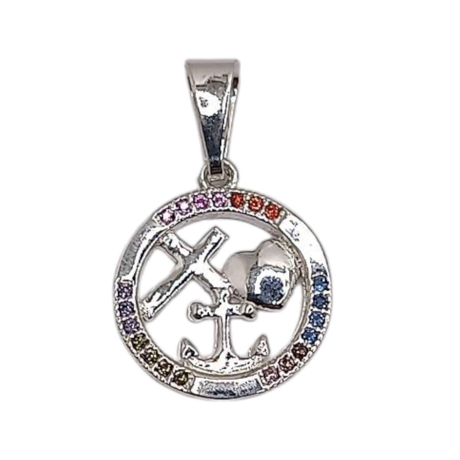 DIJE CRUZ CORAZON Y ANCLA  2.5 CM LARGO TOTAL CZ MULTI PLATA .925