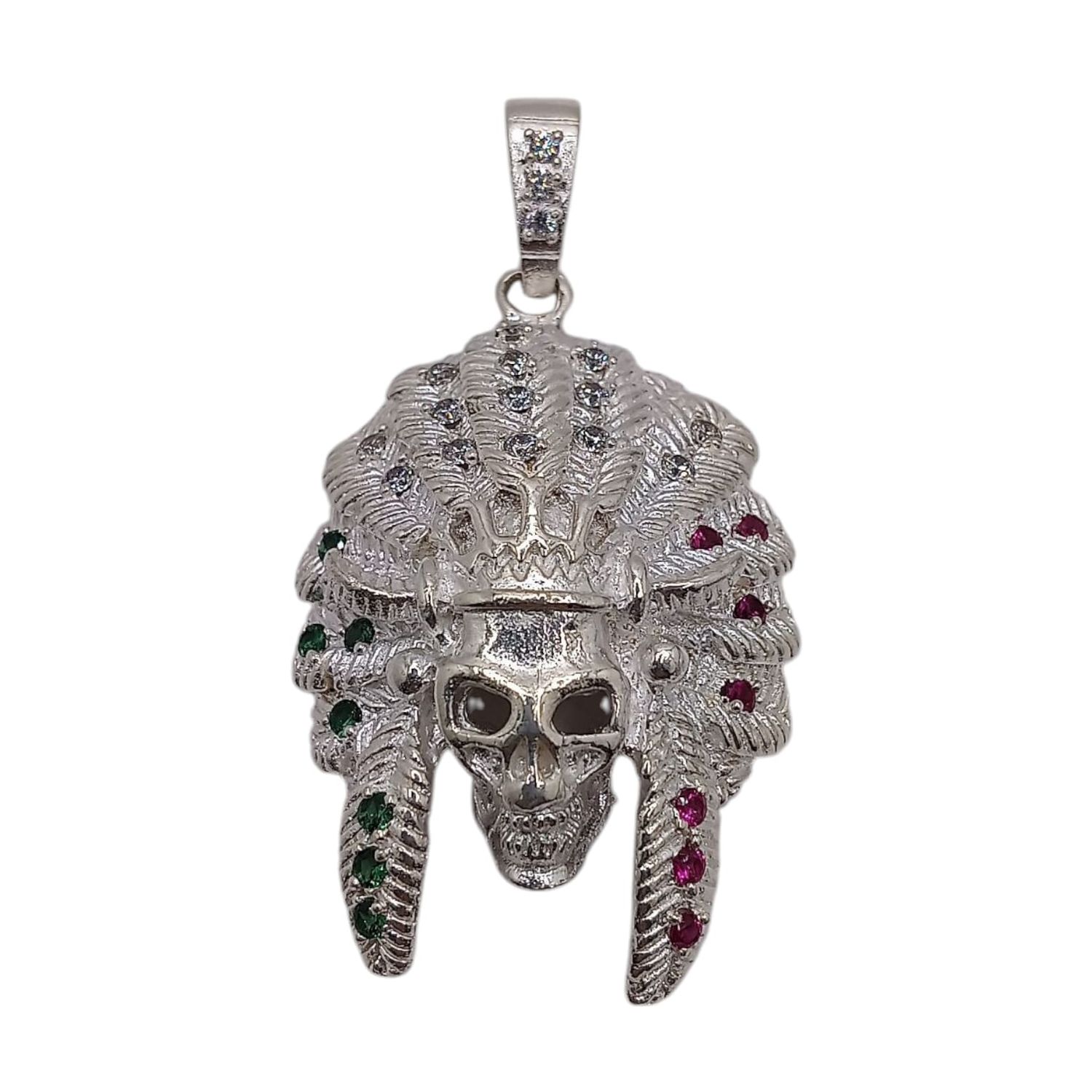 DIJE CALAVERA APACHE CON CZ  6 CM LARGO CON ASA  PLATA .925