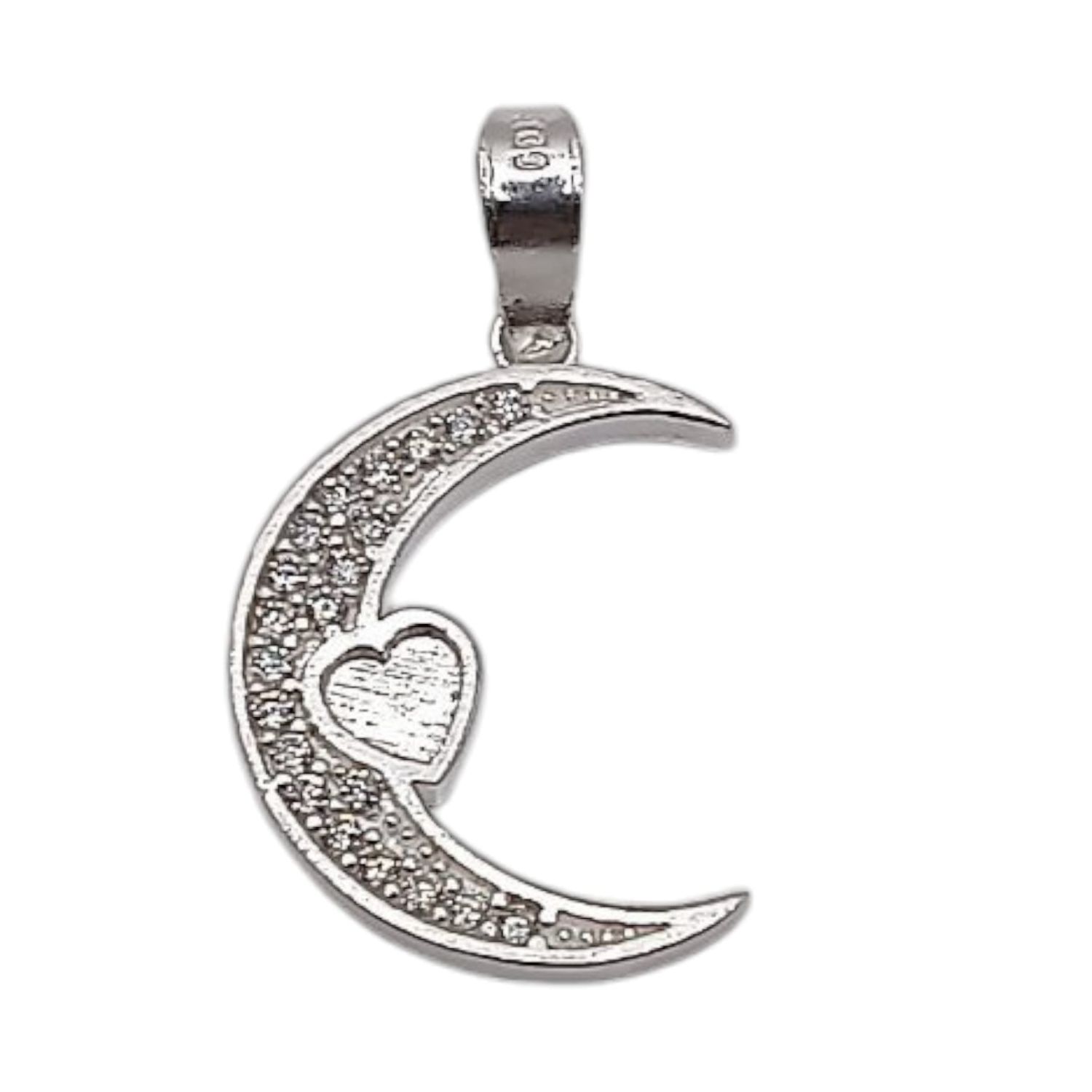 DIJE LUNA CON CORAZON Y CZ 2 CM TOTAL PLATA .925