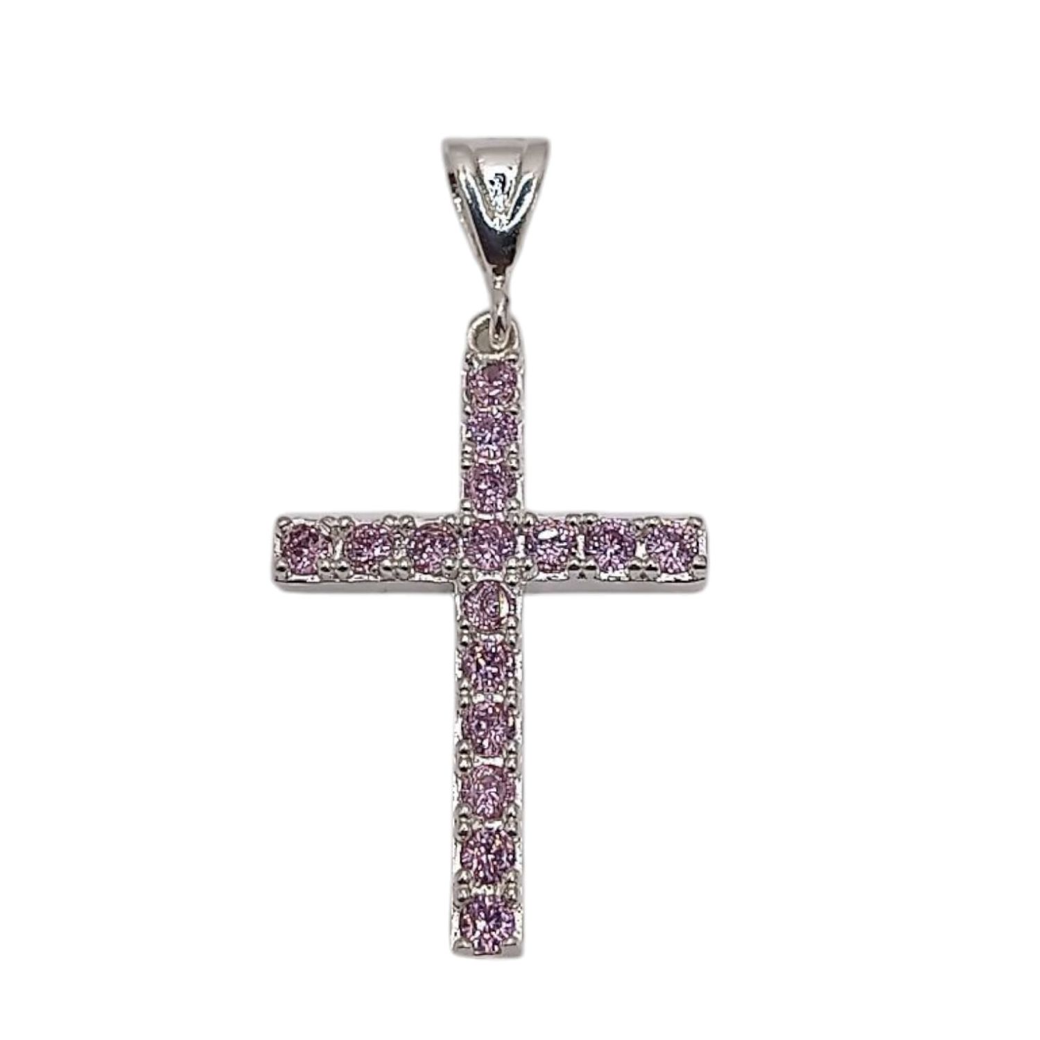 DIJE CRUZ CON CZ ROSA 3.5 CM  PLATA .925