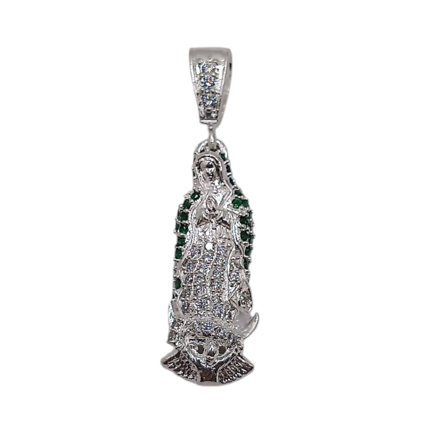 DIJE VIRGEN  DE GPE CON CZ VERDE Y BCA, LARGO TOTAL 5 CM PLATA .925