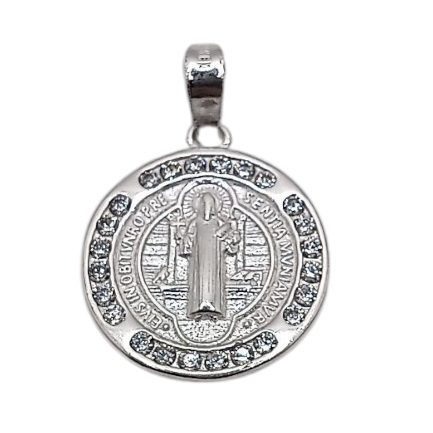 MEDALLA SAN BENITO CON CZ 2 CM PLATA .925
