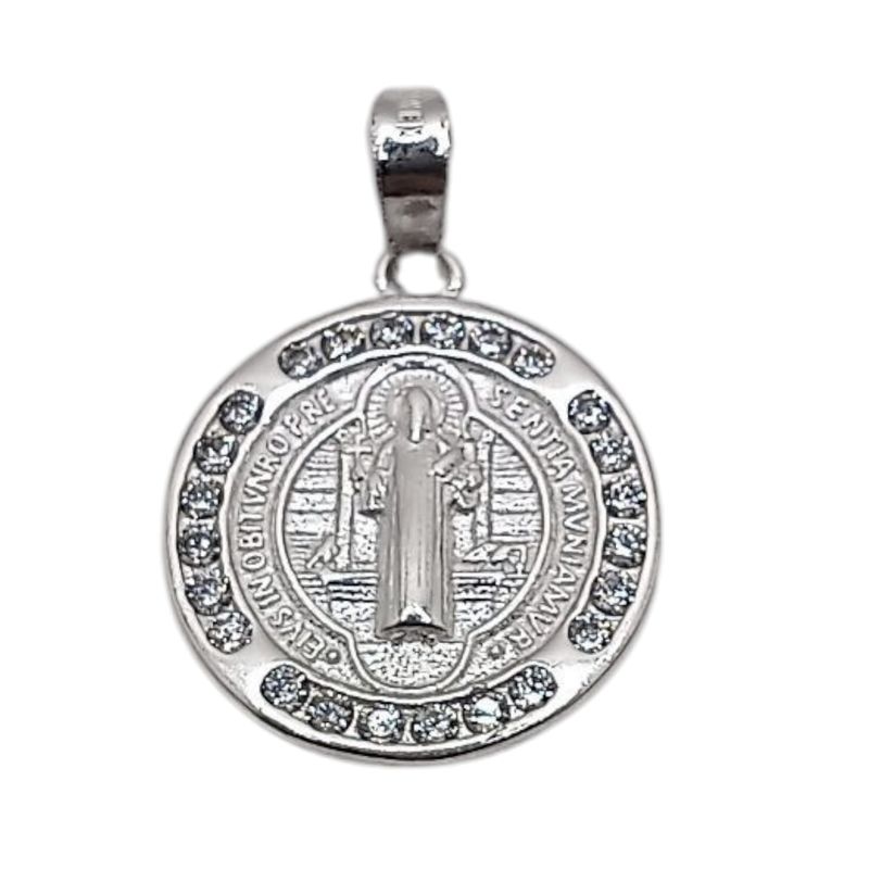 MEDALLA SAN BENITO CON CZ 2 CM PLATA .925