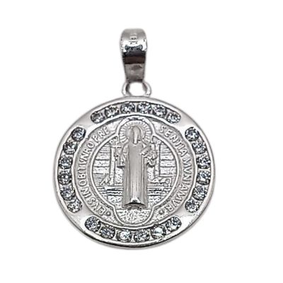 MEDALLA SAN BENITO CON CZ 2 CM PLATA .925