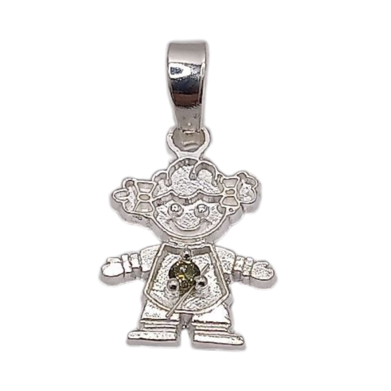 DIJE NIÑA CZ VERDE OLIVO &quot;AGOSTO&quot; 1.8 CM PLATA .925