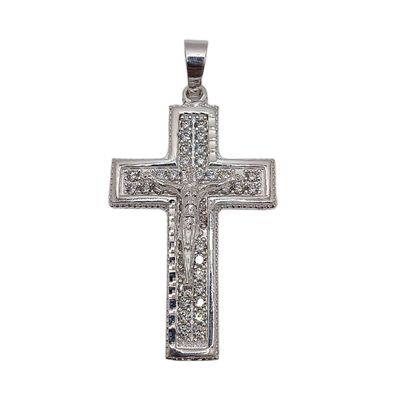 DIJE CRUZ FANCY CON CRISTO Y CZ 4.5 CM PLATA .925