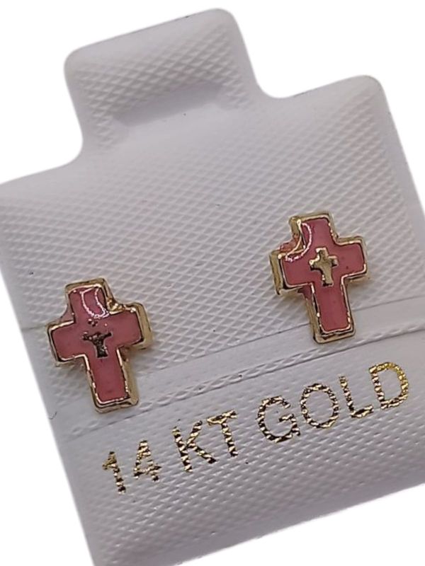BROQUEL ESMALTADO CRUZ ROSA, BROCHE DE BOLITA, ORO 14K