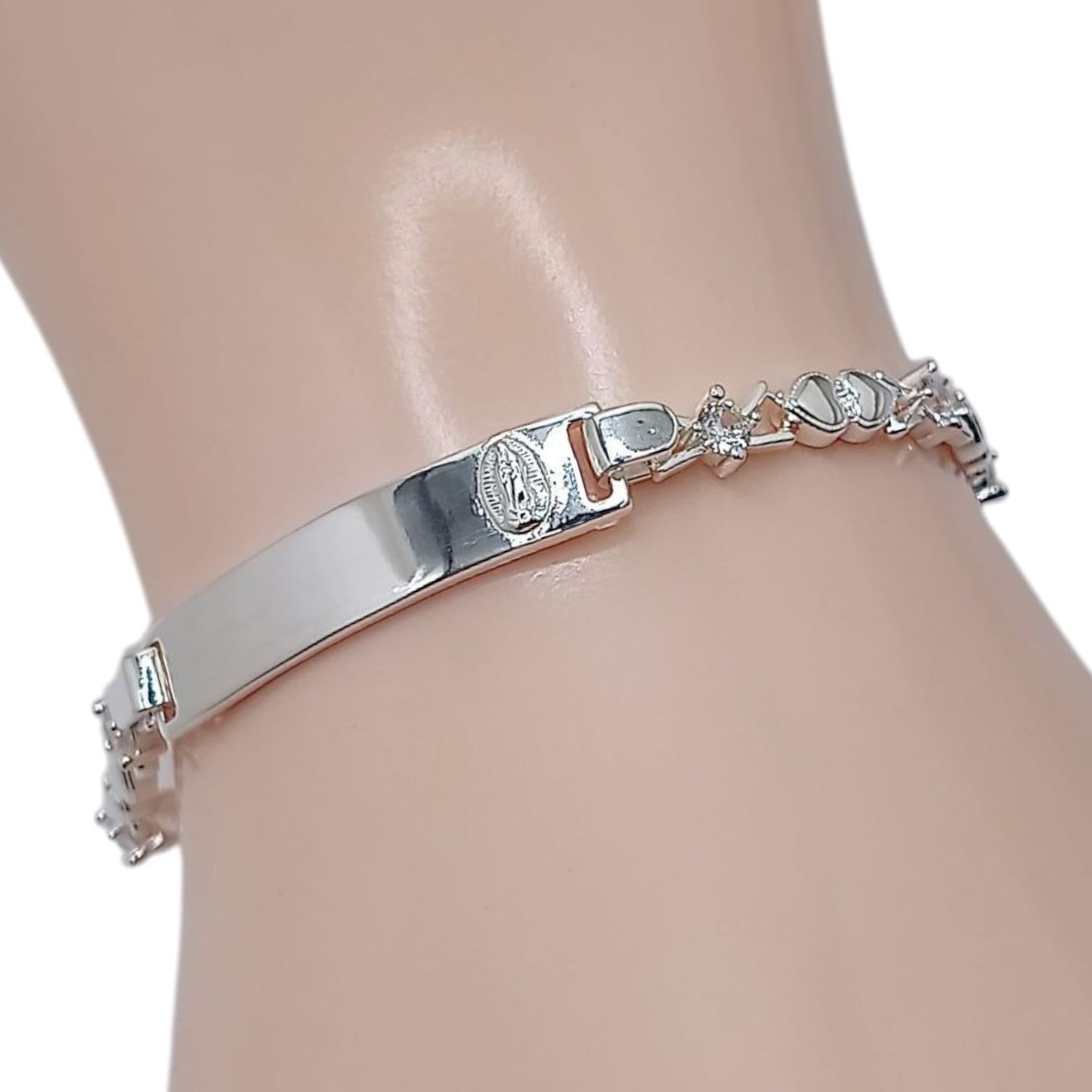 PULSERA FANCY CON PLACA Y VIRGEN DE GPE, 6.5&quot; 4MM, PLATA .925