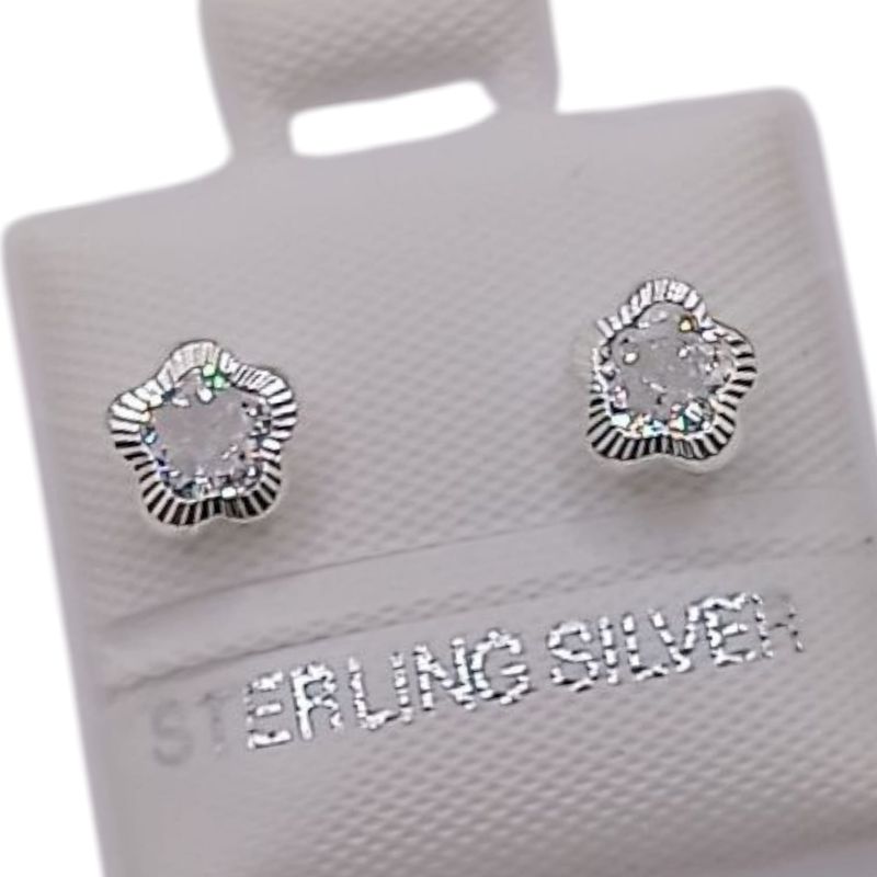 BROQUEL FLOR CON BISEL DIAMANTADO CZ BCA, BROCHE BOLITA, PLATA .925