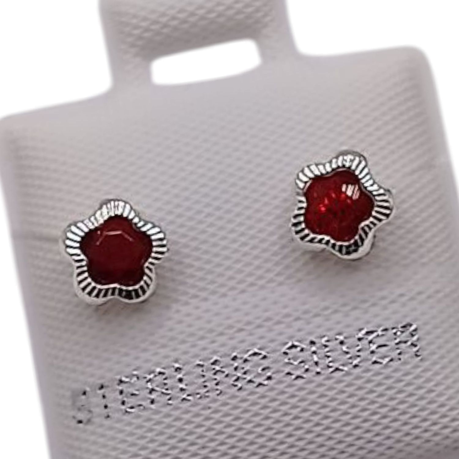 BROQUEL FLOR BISEL DIAMANTADO CZ ROJA-BROCHE BOLITA, PLATA .925