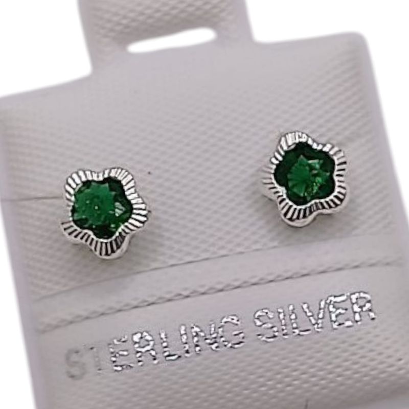 BROQUEL FLOR BISEL DIAMANTADO CZ VERDE, BROCHE BOLITA, PLATA .925