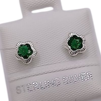 BROQUEL FLOR BISEL DIAMANTADO CZ VERDE, BROCHE BOLITA, PLATA .925