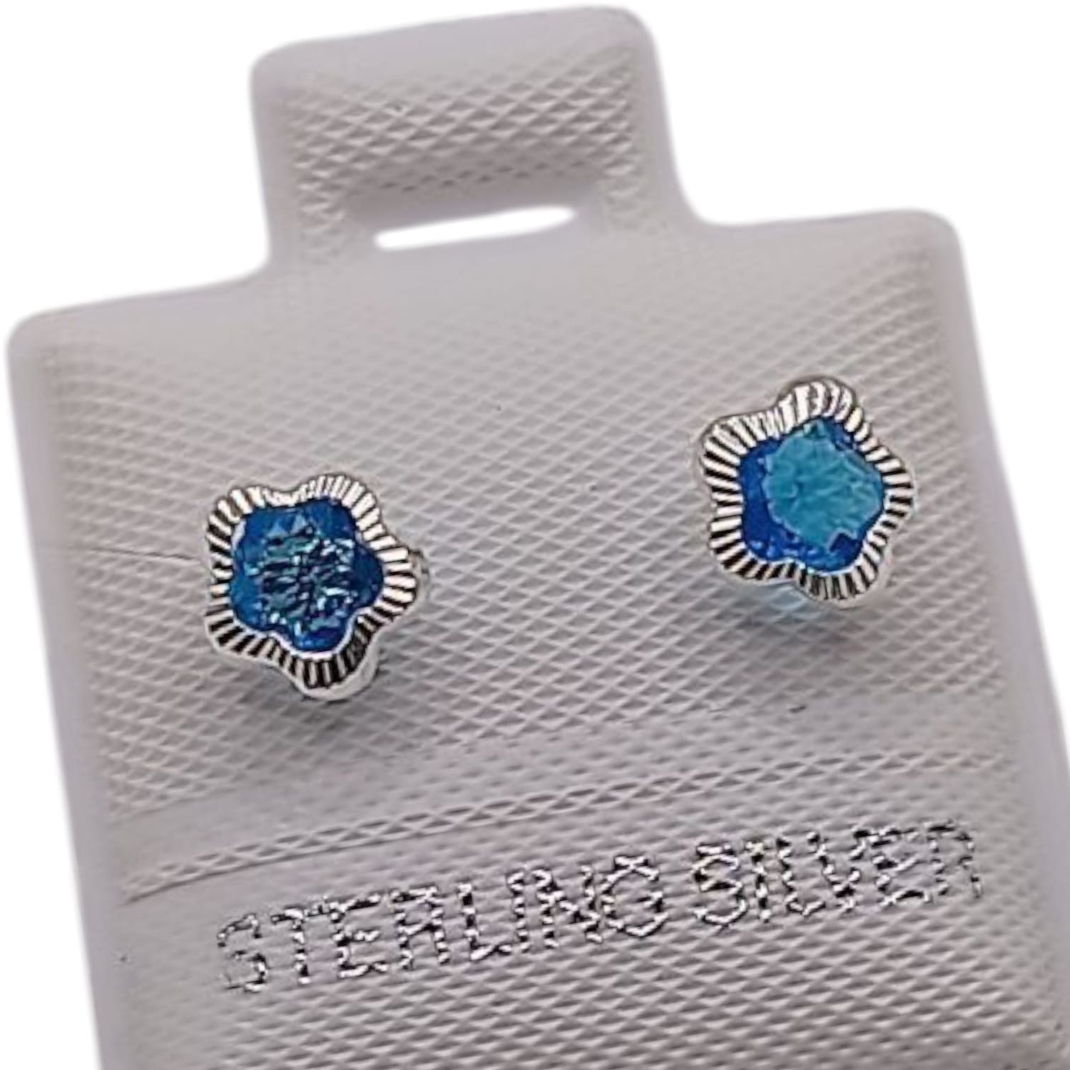 BROQUEL FLOR BISEL DIAMANTADO CZ AZUL, BROCHE BOLITA PLATA .925
