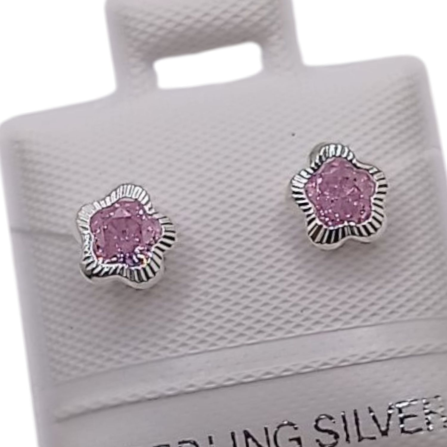 BROQUEL FLOR BISEL DIAMANTADO CZ ROSA, BROCHE BOLITA, PLATA .925