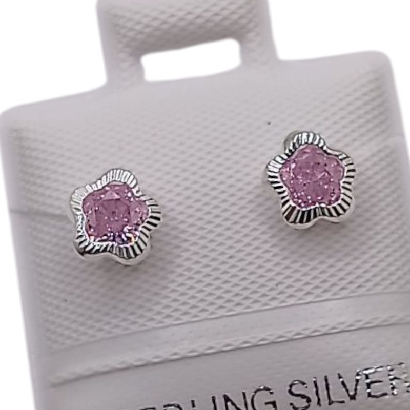 BROQUEL FLOR BISEL DIAMANTADO CZ ROSA, BROCHE BOLITA, PLATA .925