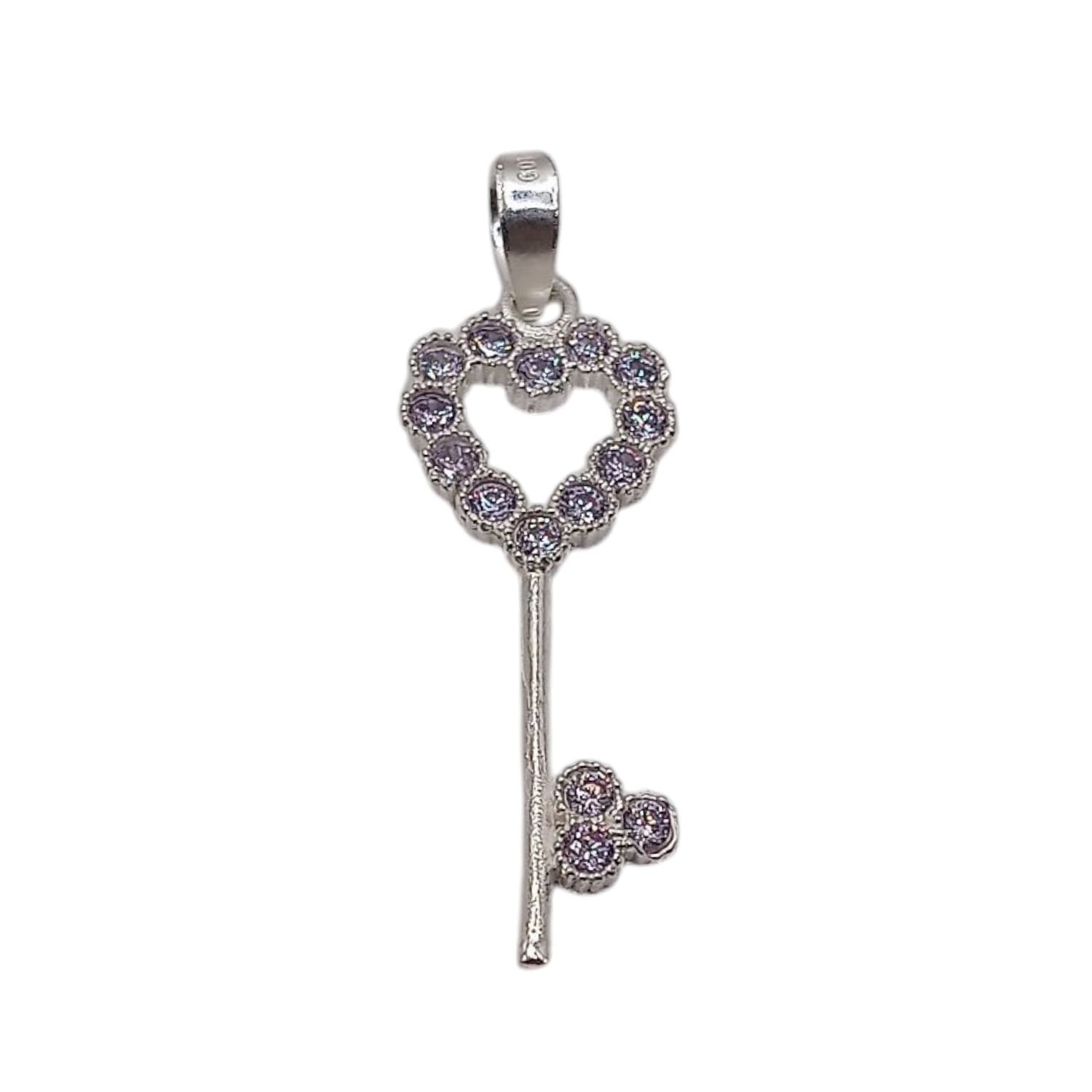 LLAVE CORAZON MICROPAVE CZ LILA 3 CM, PLATA .925