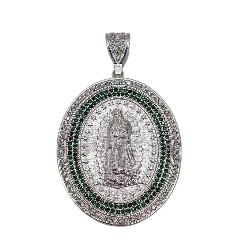 MEDALLA VIRGEN DE GPE CZ BCA Y VERDE, MICROPAVE 6.5  CM LARGO TOTAL PLATA .925
