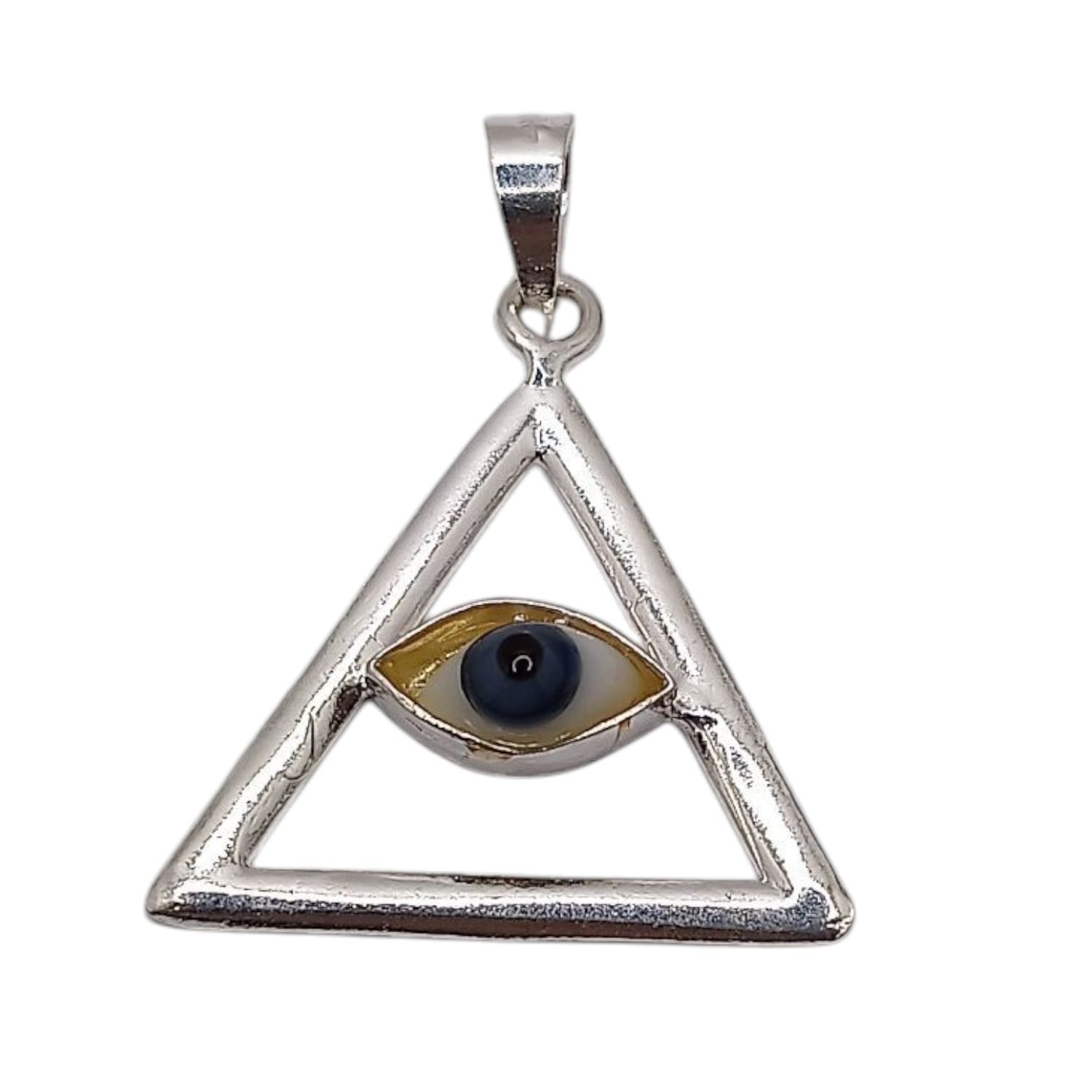 DIJE TRIANGULO  OJO DE LA SUERTE 3 CM PLATA .925