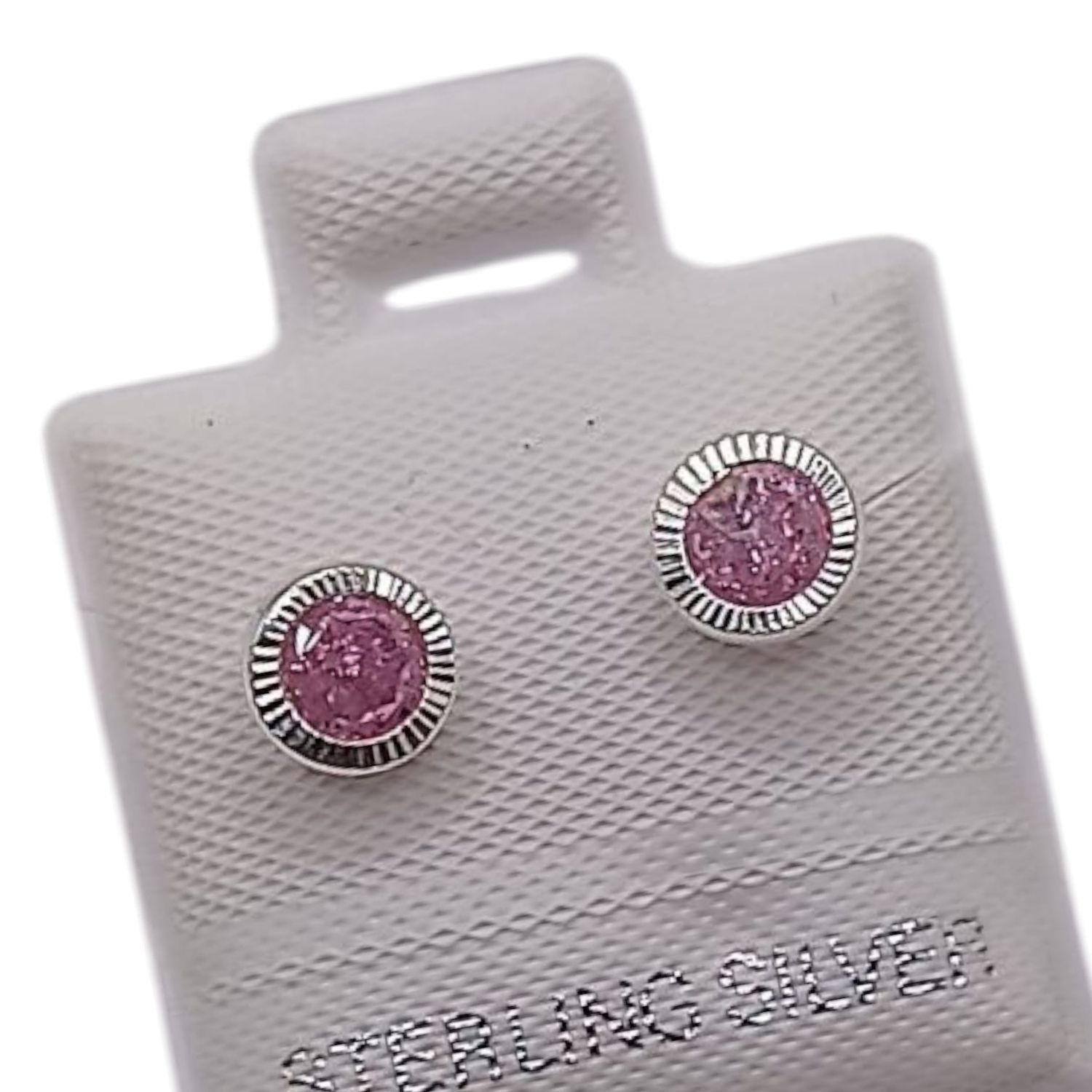 BROQUEL CON BISEL DIAMANTADO CZ ROSA 5MM, PLATA .925