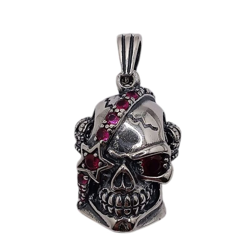 DIJE CALAVERA ESTRELLA CZ ROJA 3.5 CM LARGO TOTAL PLATA .925