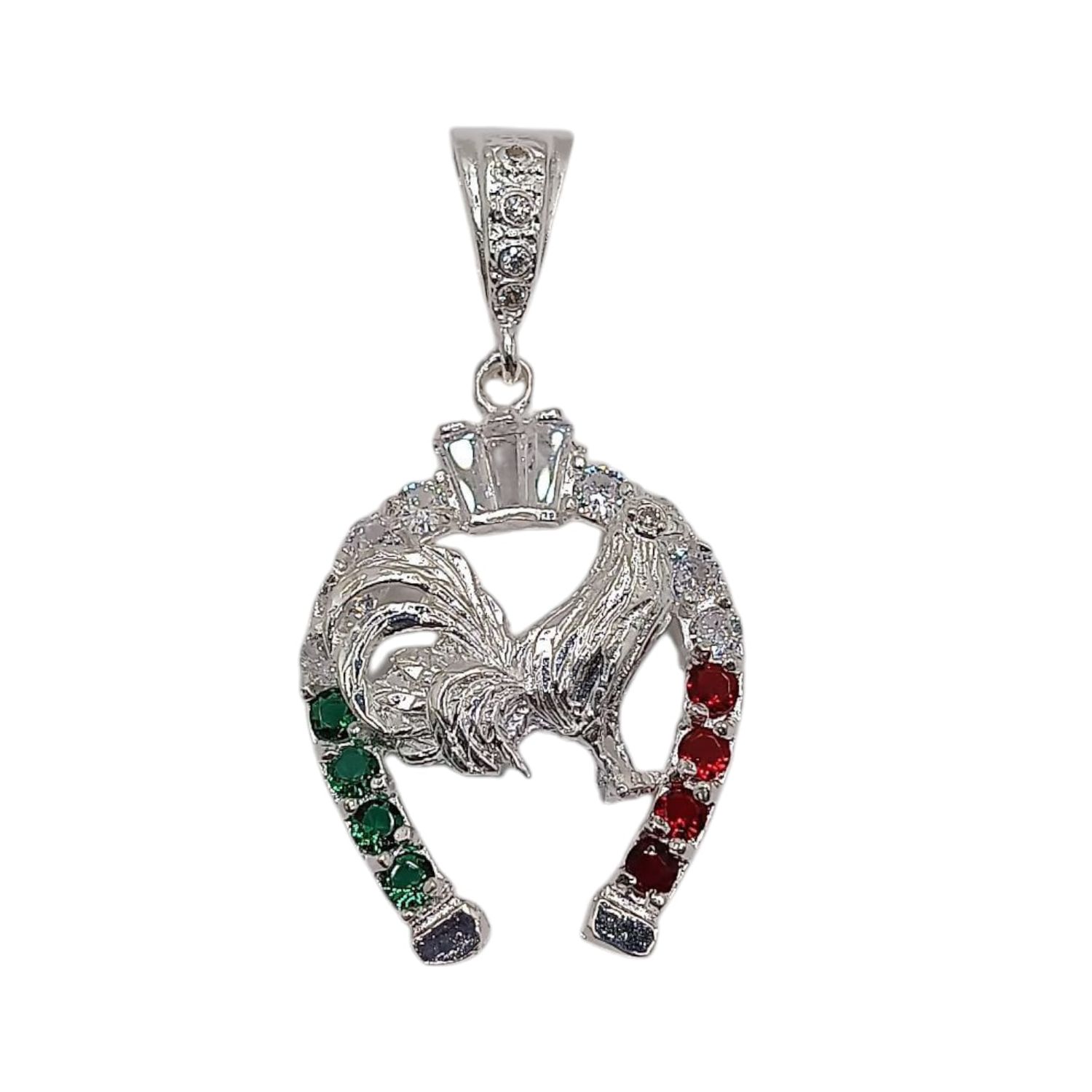 DIJE HERRADURA CON GALLO TRICOLOR 5.5cm PLATA .925
