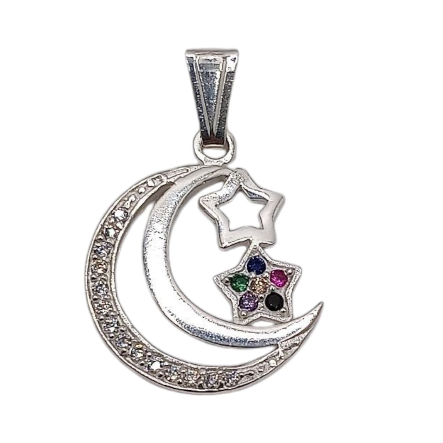 DIJE LUNA ESTRELLA CZ MULTICOLOR  3.5 CM CON ASA  PLATA .925