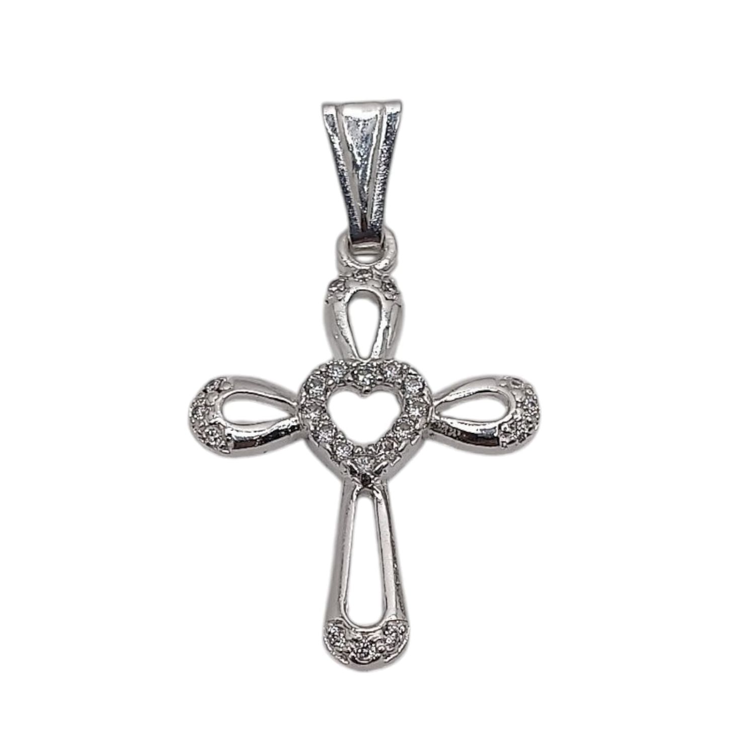 DIJE CRUZ CON CORAZON CZ BLANCA 3.5 CM LARGO TOTAL PLATA .925