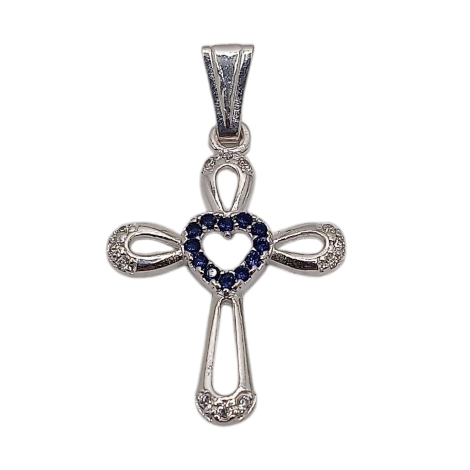 DIJE CRUZ CON CORAZON  CZ AZUL N 3.5 CM LARGO TOTAL PLATA .925