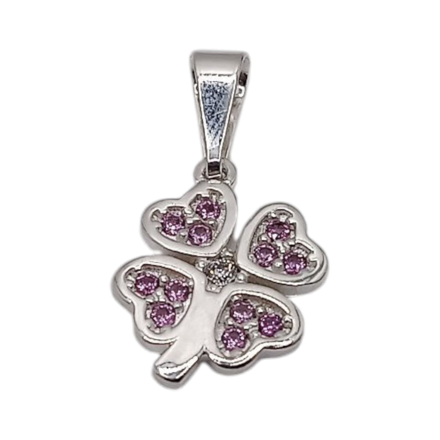 DIJE  TREBOL 2.2 CM LARGO TOTAL  CZ ROSA PLATA .925