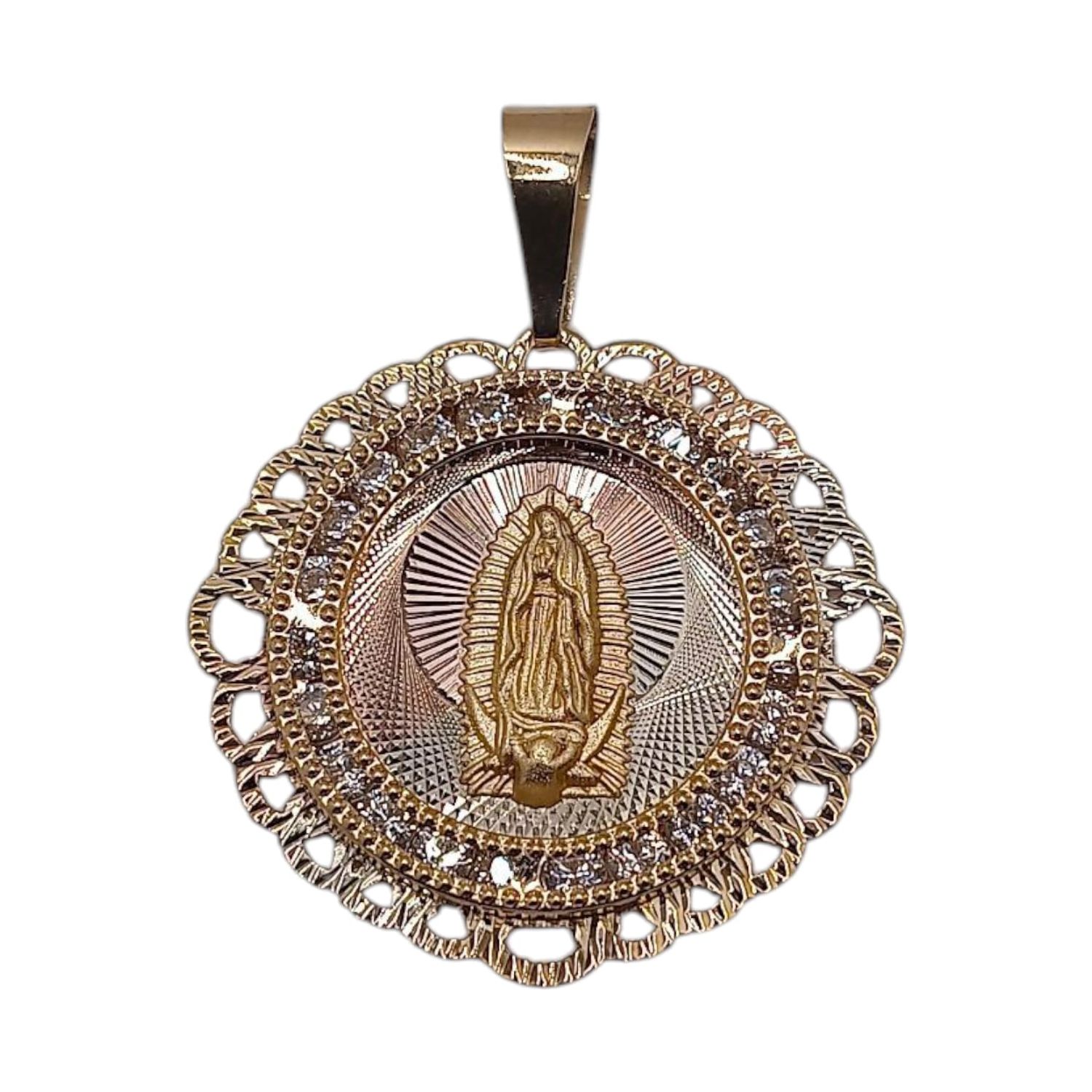 MEDALLA REDONDA VIRGEN DE GPE DIAMANTADA 3 COLORES  2.5 CM, ORO 10K