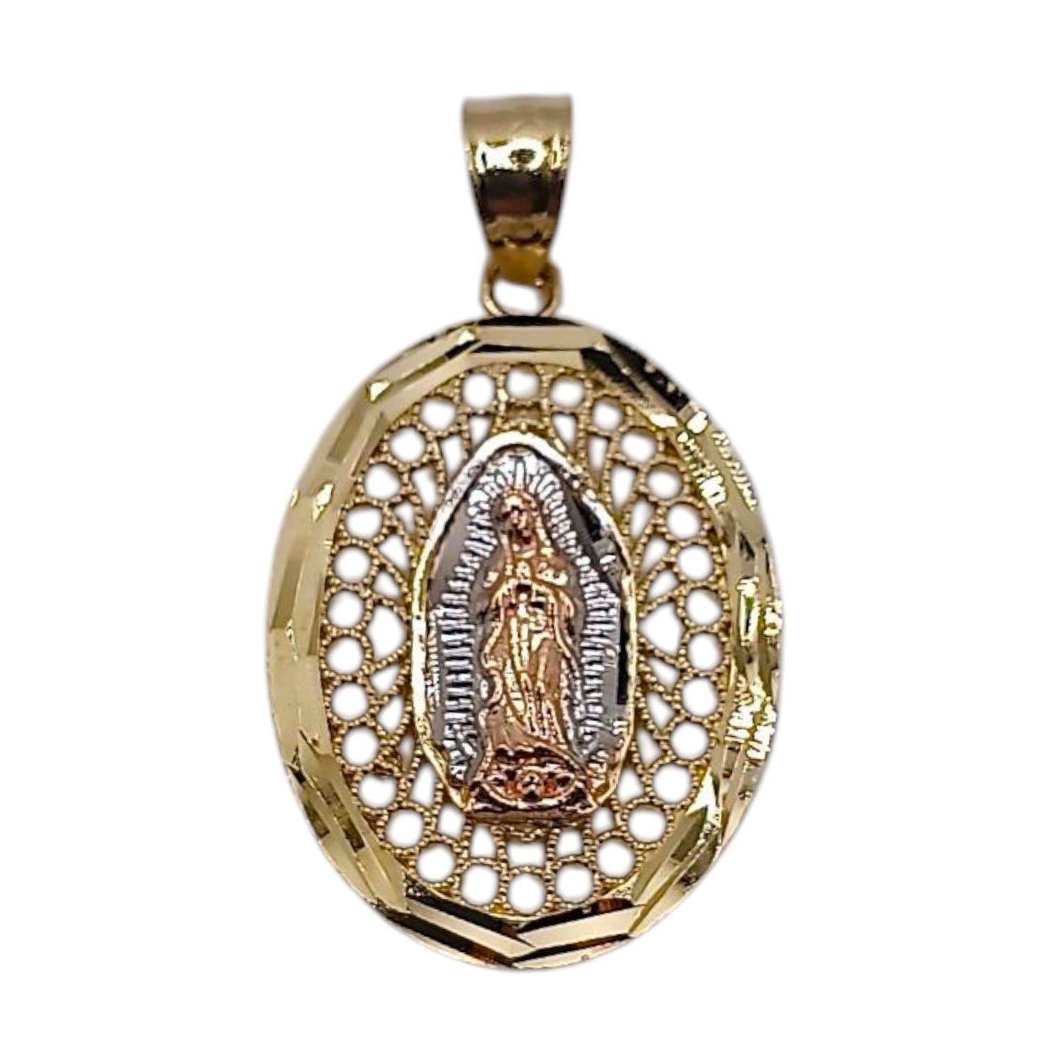 MEDALLA OVALADA VIRGEN DE GPE 3 COLORES,  2.5 CM, ORO 10K