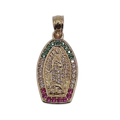 MEDALLA VIRGEN DE GPE CZ TRICOLOR 2 CM, ORO 10K