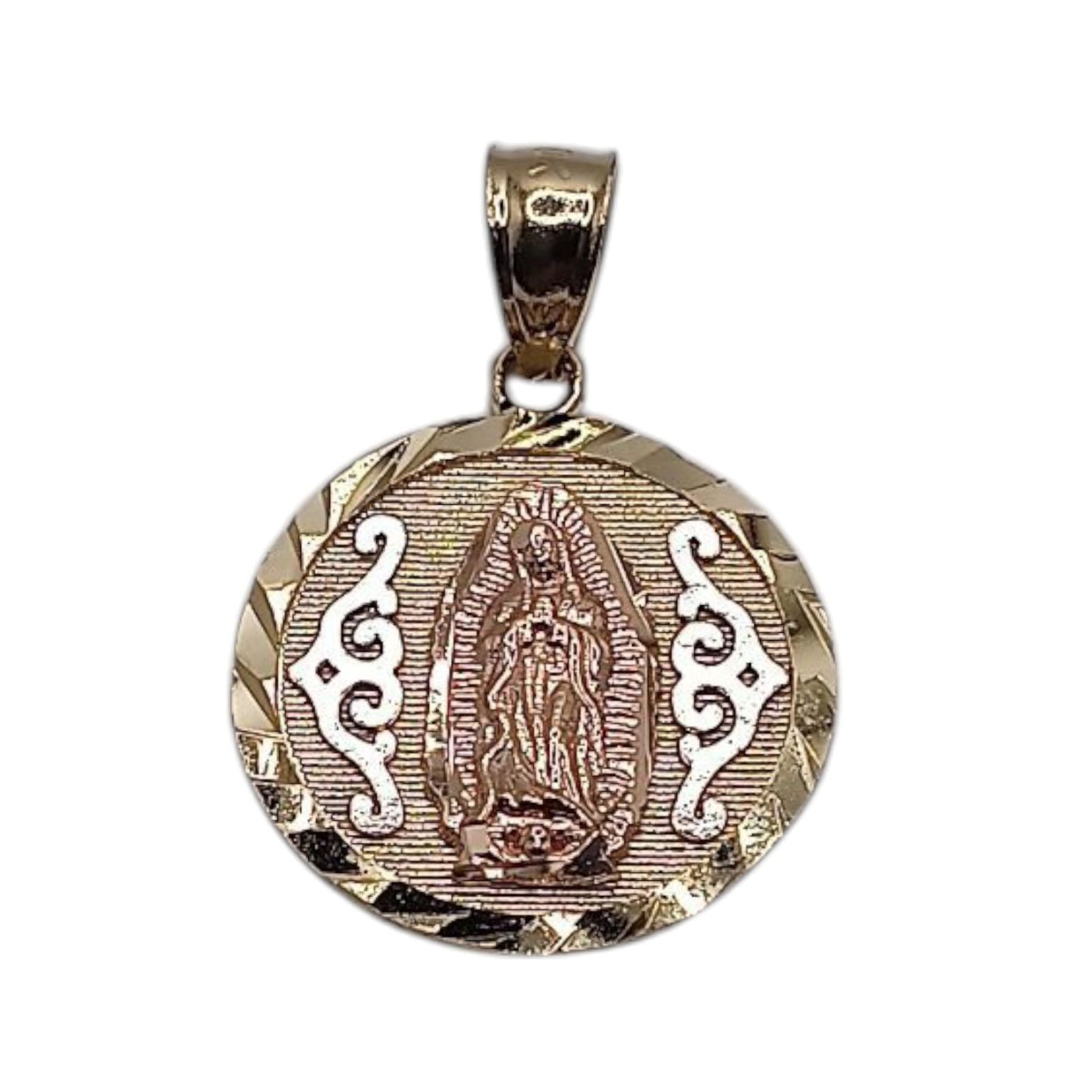 MEDALLA REDONDA VIRGEN DE GPE  BISEL DIAMANTADO 3 COLORES2 CM, ORO 10K