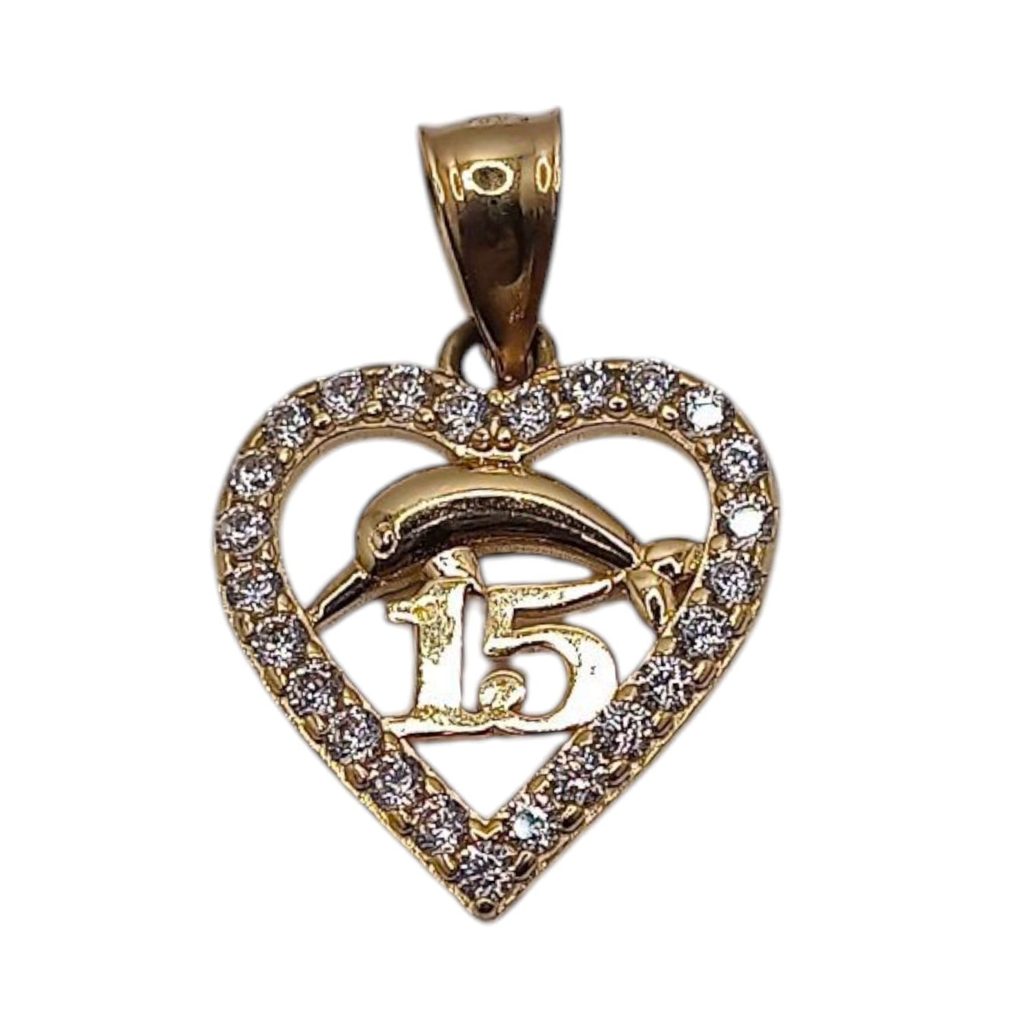 DIJE CORAZON XV AÑOS  CON CZ Y DELFIN,  2 CM, ORO 10K