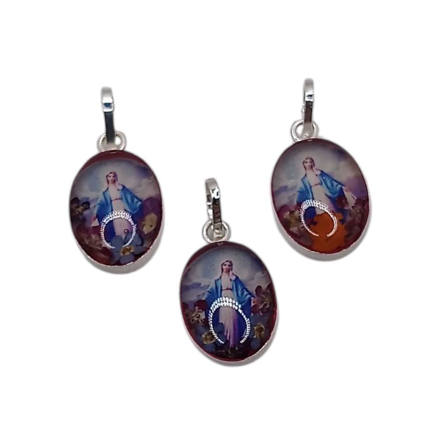 MEDALLA VIRGEN MILAGROSA DIFERENTES COLORES 2 CM LARGO TOTAL, PLATA .925